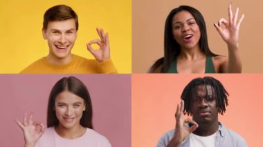 Dört kişilik bir koleksiyon renkli geçmişlere karşı neşeli jestler ve ifadeler sergiliyor. Her insan mutluluk ve pozitiflik sergiliyor, canlı bir sunum yapıyor..