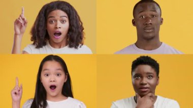 Çok ırklı bireyler topluluğu, sürpriz ve merak da dahil olmak üzere çeşitli duygular sergiliyor. Her insan farklı şekillerde hareket eder, dinamik ve çekici bir atmosfer yaratır..