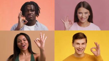 Farklı geçmişlere sahip dört kişi neşeli ifadeler ve canlı arka planlara karşı olumlu el hareketleri sunuyor..