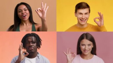 Dört farklı bireyin el hareketleriyle neşe ve pozitifliği ifade ettiği canlı bir kolaj..
