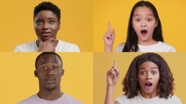 Farklı jestler ve duygular sergileyen farklı bireylerden oluşan bir koleksiyon. Her insan heyecan, şaşkınlık, düşünceli ve meraklı bir görünüm sergiliyor..