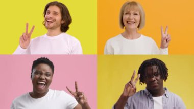 Mutluluğun çeşitli jestlerini sergileyen çeşitli bireylerin yer aldığı bir kolaj. Her insan pozitif enerji yayar, birliğin canlı renklerle yansımasını sağlar..