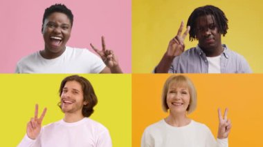 Bu kolaj farklı geçmişlerden dört kişiyi gösteriyor, her biri neşeli bir şekilde renkli geçmişlerine karşı barış işaretleri yapıyor. Hareketleri bir birlik ve pozitiflik hissi veriyor..