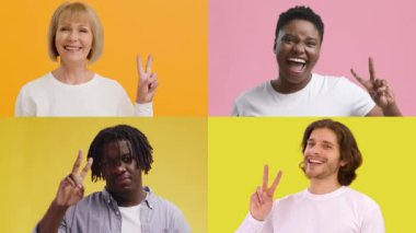 Dört bireyin neşeli ifadelerle barış işaretleri sergilediği bir derleme. Her bir kişi farklı bir arkaplanı temsil ediyor ve renkli arkaplanlara göre ayarlanıyor.