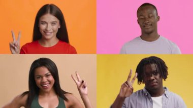 Farklı geçmişlere sahip dört birey, jestler yoluyla pozitifliklerini ifade ediyorlar. Her insan eşsiz duygular sergiliyor, renkli arka planlara karşı kurulmuş, ilgi çekici bir kolaj yaratıyor..