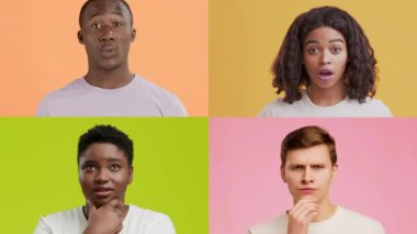 Canlı bir kolaj her biri farklı duygular sergileyen dört kişilik farklı bir grup gösteriyor. Farklı geçmişleri parlak renkli arka planlara karşı görsel etkiyi arttırır..