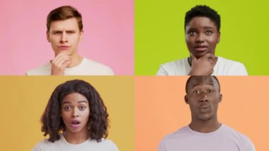 Dört birey farklı duygular ifade eder, merak, düşünce, sürpriz ve belirsizlik gösterirler. Parlak, renkli arka planlar, jestlerinin duygusal etkisini arttırır..