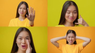 Dört anlamlı jestten oluşan bir koleksiyon bir dizi duygunun göstergesidir. Asyalı kadın sürpriz, neşe, şakacı ve parlak sarı ve turuncu arka planlara karşı hayal kırıklığı sergiliyor.