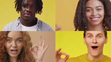 Canlı bir koleksiyonda dört kişi parlak, renkli arka planlara karşı neşeli ifadeler ve jestler sergiliyor. Çeşitli geçmişleri, pozitif ve bağlantıyı vurguluyor.