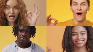 Çeşitli bireylerden oluşan bir koleksiyon canlı jestler yoluyla çeşitli olumlu duygular sergiliyor. İfadeleri, canlı arka planlara karşı mutluluk ve bağlantı yayıyor..