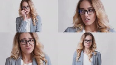 Dört görüntüden oluşan bir koleksiyonda, gözlüklü genç bir kadın, hareketleriyle çeşitli duygular sergiliyor..