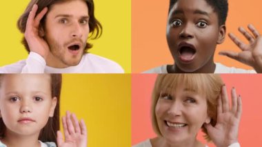 Farklı geçmişlere sahip dört bireyin neşeli duygular sergilediği bir derleme. Parlak sarı ve turuncu arka planlara karşı merak ve sürpriz jestleri yapıyorlar..