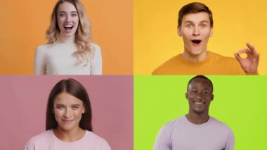 Dört farklı birey, canlı geçmişlerine karşı çeşitli duygular sergiliyor. Neşeli jestleri temsil etmenin güzelliğini vurguluyor..