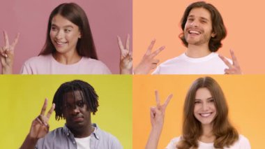 Çeşitli geçmişlere sahip bireylerden oluşan bir grup, elleriyle barış işareti yaparken gülümsüyor. Renkli arka planlar onların neşeli duygularını ve bağlantılarını güçlendirir..