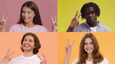 Farklı geçmişlere sahip dört kişi barış işaretleriyle neşeli duygular sergiliyor. Her biri kendi eşsiz ifadelerini ve jestlerini vurgulayan renkli bir arkaplan üzerine kuruludur..