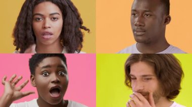 Dört birey renkli arka planlara karşı neşeli duygular sergiliyor. Her insan eşsiz jestlerle mutluluğu ifade eder, canlı bir atmosfer yaratır..