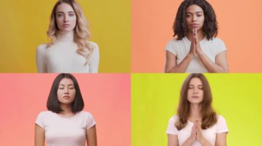 Renkli arka planlara karşı farklı jestler ve duygular sergileyen çeşitli kadınlardan oluşan bir derleme..