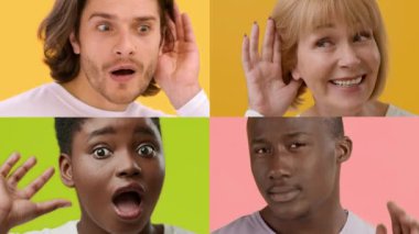 Canlı bir koleksiyonda çeşitli geçmişlere sahip bireyler neşe, sürpriz ve merak sergiliyor. Hareketleri, canlı bir ortamda heyecan ve pozitiflik hissi veriyor..