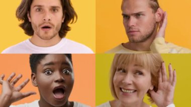 Dört birey, parlak arka planlara karşı jestler ve yüz ifadeleriyle çeşitli duygular sergiliyor. Her insan neşeyi, sürprizi, merakı ya da heyecanı yansıtır, çeşitliliği vurgular..