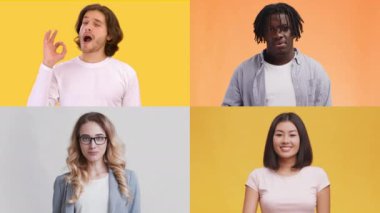 Bireylerin çok ırklı bir koleksiyonu jestler yoluyla farklı duygular ifade eder. Her insan parlak bir arka plana karşı durur, neşe ve düşünce gibi duygular gösterir..