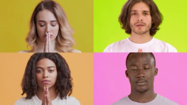 Farklı geçmişlerden gelen dört birey, her biri farklı duygular sergileyen ellerle birlikte bir anlık tefekküre daldıkları gösterilir. Parlak arka planlar ifadelerini güçlendirir.