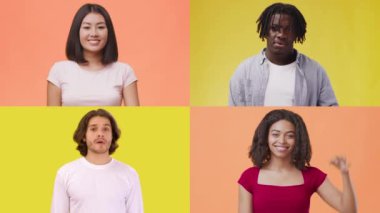 Farklı geçmişlere sahip dört bireyden oluşan bir derleme, parlak turuncu ve sarı arka planlara karşı neşeli ifadeler ve jestler sergiliyor. Her insan bir mutluluk anını paylaşır..