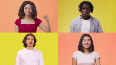 Dört çok ırklı birey neşeli jestler sergiliyor ve canlı arka planlara karşı gülümsüyor. Her insan, duygu ve bağlantı yoluyla çeşitliliği kutlayan eşsiz bir kültürü temsil eder..