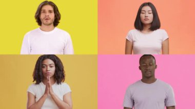 Farklı geçmişlere sahip dört kişi farklı duygular taşır. Renkli arka planlara karşı jestler yoluyla..