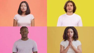 Dört farklı birey, parlak, renkli arka planlara karşı jestler ve ifadelerle çeşitli duygular sergiliyor. Her kişi farklı duyguları yansıtıyor, bağlantıyı ve çeşitliliği vurguluyor.