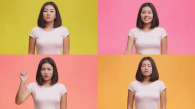 Asyalı kadın, renkli geçmişlerine karşı farklı jestlerle farklı duygular sergiliyor. Sette mutluluk, kafa karışıklığı ve etki için izole edilmiş düşünce ifadeleri yer alıyor..
