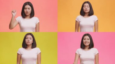 Asyalı bir kadının çeşitli duyguları jestlerle ifade ettiğini gösteren dört görüntüden oluşan bir koleksiyon. Renkli arka plan duygusal zıtlığı arttırarak dinamik bir görsel deneyim yaratıyor..