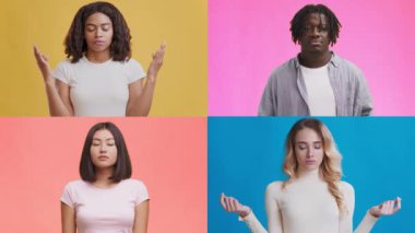 Canlı arka planlara karşı duygusal jestler sergileyen dört farklı insandan oluşan bir derleme..