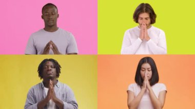 Dört birey elleri bağlı ve başları eğik olarak gösteriliyor, canlı arka planlara karşı içsel duygular sergiliyorlar..