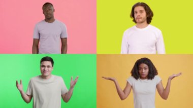 Farklı geçmişlere sahip dört birey, canlı arka planlara karşı yapılan jestlerle çeşitli duygular sergiliyor. Bu enerjik görüntü onların bireyselliğini ve çeşitli ifadelerini vurgular..