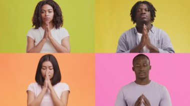 Farklı geçmişlere sahip dört kişi bir dua jesti olarak elleri ile bir dizi duygu gösterirler..