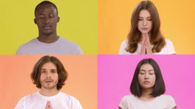 Farklı geçmişlerden dört kişi parlak ve renkli geçmişlere karşı düşünce ve barış jestleri sergiliyor..