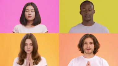 Farklı geçmişlerden dört kişi renkli bir kolajda yakalandı. Her insan duygusal bir jest yapar. Parlak geçmişlerine karşı barış ve içgözlem sağlar..