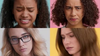 Bu kolaj, farklı yüz ifadeleri ve jestleriyle farklı duyguları aktaran dört çok ırklı bireyi, renkli arka planlara karşı koyuyor..