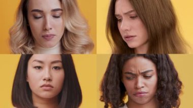 Dört birey, canlı sarı bir arkaplan karşısında farklı duygular sergiliyor. Her yüz farklı duygular taşır, dış görünüş ve ifade çeşitliliği gösterir..