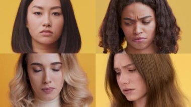 Çeşitli duyguları ifade eden farklı bireylerin yakın plan çekimleri. Her insan, parlak sarı bir arkaplan karşısında benzersiz jestler ve yüz ifadeleri sergiler..