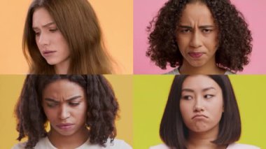 Dört birey, canlı arka planlara karşı farklı duygular sergiliyor, çeşitliliği vurguluyor. İfadeleri tefekküre, hayal kırıklığına, benzersizliği vurguluyor..