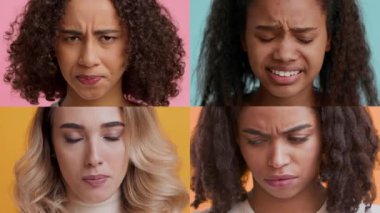 Dört birey, üzüntü ve hüsran da dahil olmak üzere çeşitli duygular sergiliyor. Renkli arka planlara karşı her insan eşsiz yüz ifadeleri sergiler, çeşitlilik ve bağlantıyı vurgular.