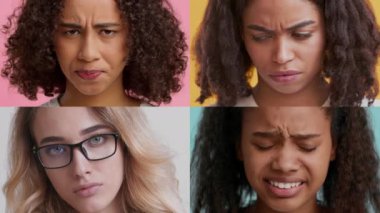 Dört birey, yüz ifadeleriyle bir dizi duygu sergiliyor. Her biri farklı bir arkaplanı temsil ediyor, çeşitliliği vurguluyor. Kolaj onların yoğun duygularını yakalar..