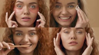Kızıl saçlı kadın rahatlatıcı bir cilt bakımı rutini uyguluyor. Tedavi uygular, ürünleri kaldırır, ve gülümser, güzelliğini ve kişisel bakım uygulamalarını sergiler..