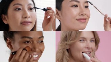 Canlı bir kolajda çeşitli geçmişlerden cilt bakımına ve makyaj rutinlerine ilgi duyan kadınlar yer alıyor. Ürünleri coşkuyla uyguluyorlar, güzellik çeşitliliğini vurguluyorlar..