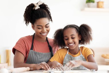 Dost canlısı siyah aile anne ve kızı kurabiye kesicilerle çeşitli figürler yapıyorlar, mutlu Afrikalı anne ve çocuk evde birlikte yemek pişiriyorlar, bisküvi heykelcikleri kullanıyorlar, yemek pişirme konsepti yapıyorlar.