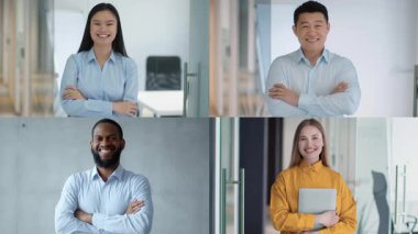 Dört profesyonelden oluşan çeşitli bir grup kameraya gülümsüyor, güvenlerini ve dostluklarını sergiliyorlar. Parlak, çağdaş bir ofiste şık günlük kıyafetler giyiyorlar..