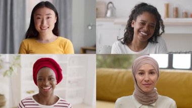 Farklı geçmişlere sahip dört çok kültürlü kadın, parlak, davetkar bir odada online bir tartışma sırasında gülüşmeler ve kahkahalar paylaşıyor..