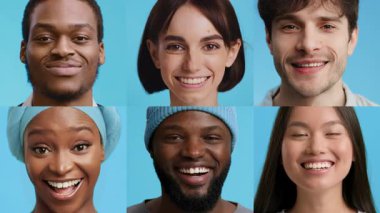 Neşeyle gülümseyen, canlı mavi bir arkaplan önünde çeşitli stiller sergileyen altı etnik çeşitlilikte insan..