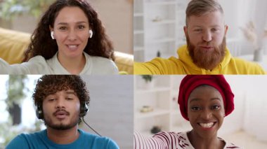 Çok ırklı dört arkadaştan oluşan çeşitli bir grup, kendi evlerinden gelen canlı bir video görüşmesi sırasında gülümsüyor ve etkileşime geçiyorlar..